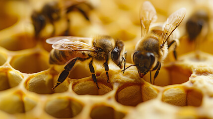 A group of honeybees, a type of insect pollinator and arthropod, are busily working on a honeycomb in their beehive. They produce sweet ambercolored honey while guarding against pests and parasites - obrazy, fototapety, plakaty