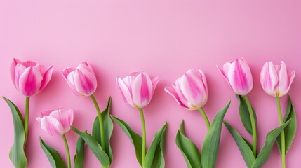 pink tulips on a white background Mother's Day concept. Top view photo of bouquet of white and pink tulips on isolated pastel pinkbackground with copyspace