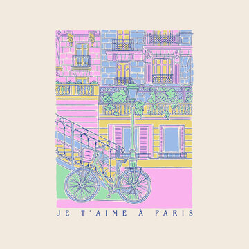 HAND DRAWN PARIS FRENCH ROMANTIC LANDSCAPE CITY ARCHITECTURE BUILDINGS BIKE BICYCLE URBAN NAIVE TRAVEL DESTINATION VINTAGE TSHIRT TEE PRINT FOR APPAREL MERCHANDISE