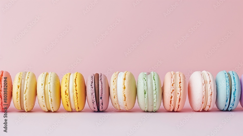 Wall mural a row of different flavored macarons on the table,