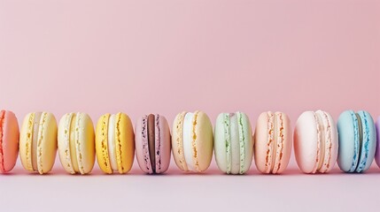a row of different flavored  macarons on the table, 