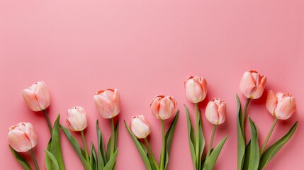 pink tulips on a white background Mother's Day concept. Top view photo of bouquet of white and pink tulips on isolated pastel pinkbackground with copyspace