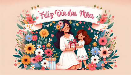 Mãe e filha dando um presente à mãe para comemorar o Dia das Mães. Happy Mother's Day. Feliz Dia das Mães no Brasil - obrazy, fototapety, plakaty