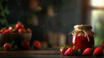 Glass jar filled with homemade strawberry jam and surrounded by ripe strawberries - Powered by Adobe