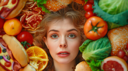 A happy woman is surrounded by a variety of green plants, fruits like oranges, and leafy vegetables. She enjoys the natural foods and the beauty of nature - obrazy, fototapety, plakaty