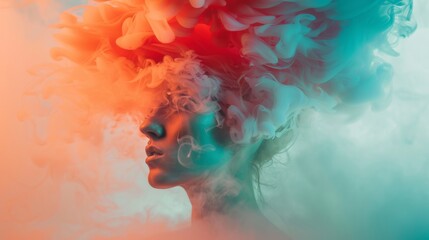 A womans head emanating colorful smoke, symbolizing consciousness or thoughts