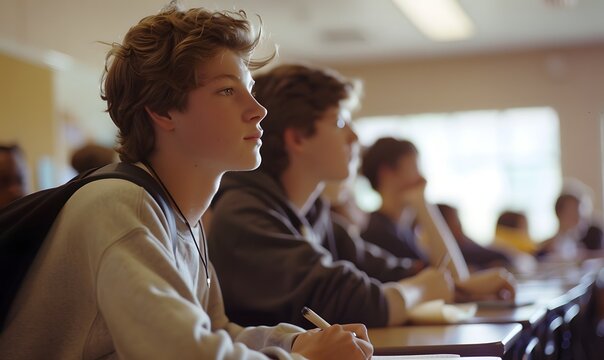 A high school student sitting at their desk in a classroom, Generative AI 