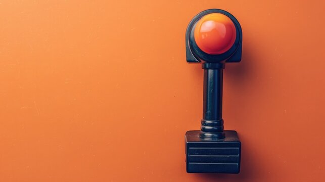 A retro arcade joystick placed on a bright orange background.