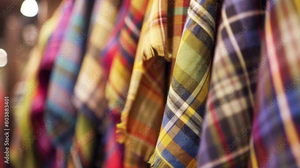 Poster a row of vibrant scarves displayed on a wall with various patterns and colors