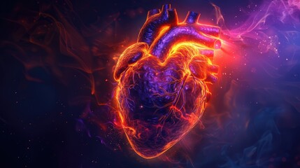 The image shows a glowing heart. The heart is made of colorful lights and has a blue background. The heart is beating.