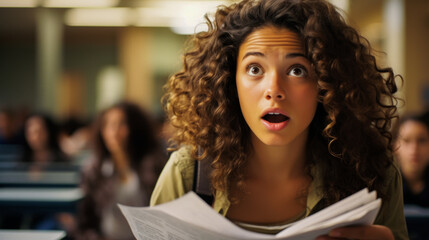 Shocked teenage girl reading paper in classroom