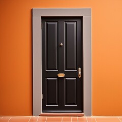 door in the wall,a black door symbolizing mystery and opportunity against the backdrop of a orange wall
