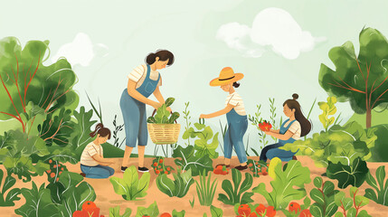 A group of women is planting vegetables in a garden, surrounded by a natural landscape of grass and meadows. They are happy and leisurely working under the open sky - obrazy, fototapety, plakaty