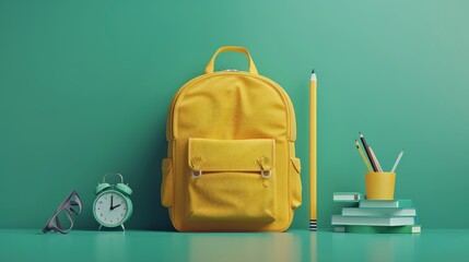 A yellow backpack with a clock, glasses, books and pencils on a green background.