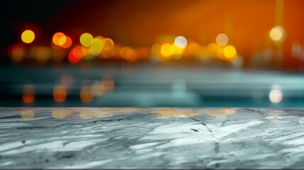 A marble table top featuring blurry lights in the background, creating a vibrant and dynamic scene