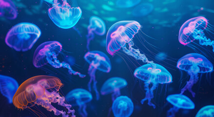 Obraz premium Vibrant Jellyfish Dance, Illuminating the Deep Blue