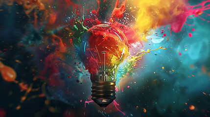 A creative light bulb explodes with colorful paint splashes and shards of glass on a black background. Think differently creative idea concept - obrazy, fototapety, plakaty