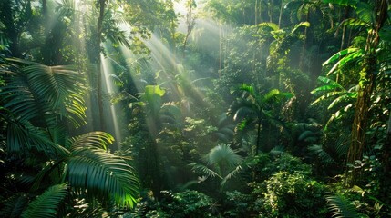 A panoramic view of a dense, jungle canopy with sunlight filtering through the trees.