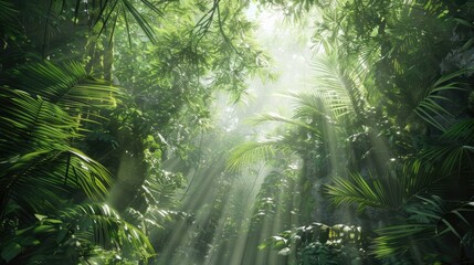 Obraz premium A panoramic view of a dense, jungle canopy with sunlight filtering through the trees.