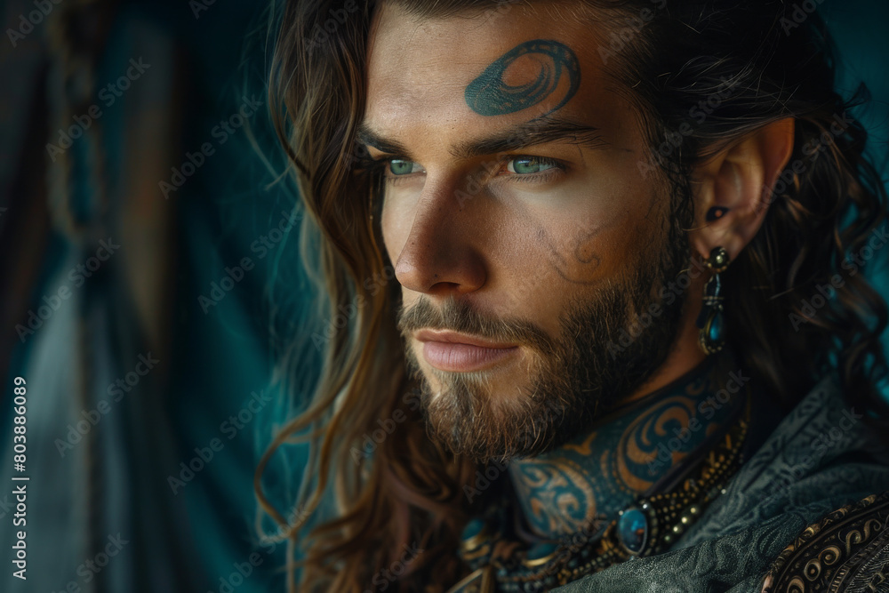 Sticker Portrait of a tattooed caucasian nordic young man with long hair an wearing jewelry