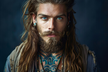 Portrait of a tattooed caucasian nordic young man with long hair an wearing jewelry