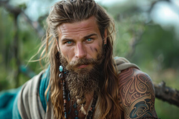 Portrait of a tattooed caucasian nordic young man with long hair an wearing jewelry