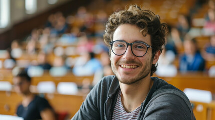 Portrait of a French caucasian happy university male student sitting in a college lecture hall