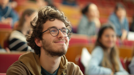 Portrait of a French caucasian happy university male student sitting in a college lecture hall