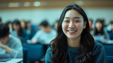 Portrait of a Korean asian happy university student sitting in a college lecture hall