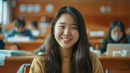 Portrait of a Korean asian happy university student sitting in a college lecture hall
