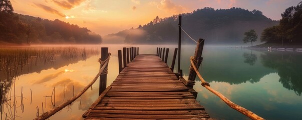 View of the wooden bridge on the lake at sunrise in the morning