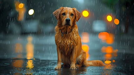 Melancholic Charm: Drenched Canine in City Setting