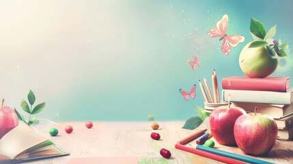 An illustration of a desk with books, pencils, and apples on it. There are also some butterflies and flowers in the background. The overall tone of the image is dreamy and whimsical.