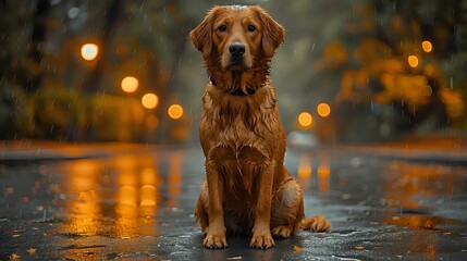 Resilient Solitude: Drenched Dog in Urban Scene