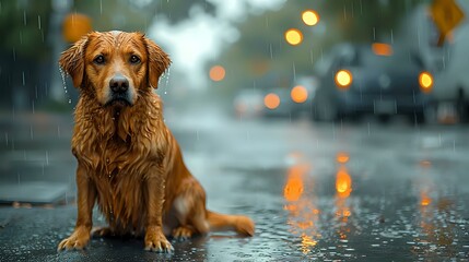 Resilient Dog in a Rain-Soaked Urban Scene