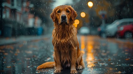 Melancholic Charm: Drenched Canine in Urban Setting