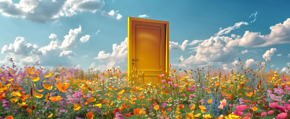 a door with a yellow sill opening in a field of colorful flowers