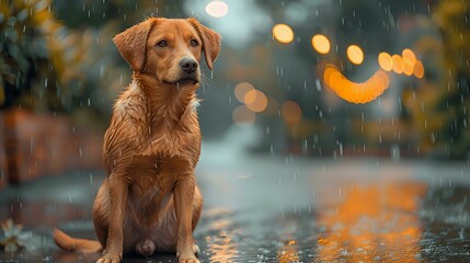 Reflective Solitude: Rain-Soaked Dog in the City