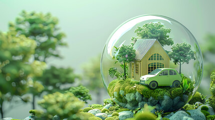 A house concept in a bubble with green trees and a green car, A house on a glass globe with a tree