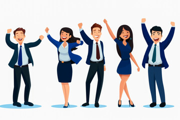 Obraz premium Cartoon of celebrating businessmen, with arms in air for unity success.