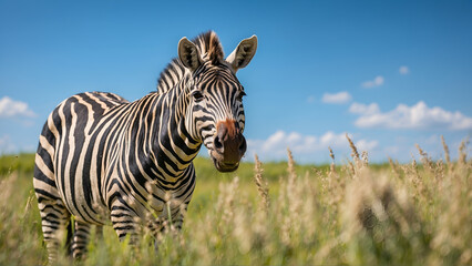 Portrait of zebra in Grass field against blue sky 