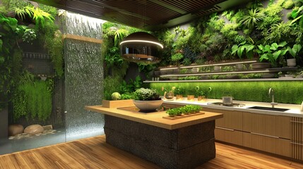 A biophilic design kitchen with natural, living walls, sustainable bamboo flooring, and a central,...