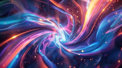 Colorful abstract painting with vibrant swirls of blue, orange and purple.