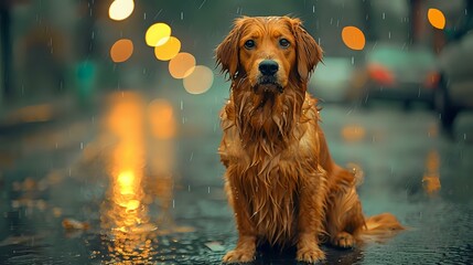 Vulnerable Beauty: Drenched Canine in Urban Solitude