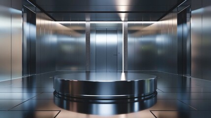 A metallic, silver podium, with a modern design, set against a backdrop of a sleek, metallic elevator. - Powered by Adobe