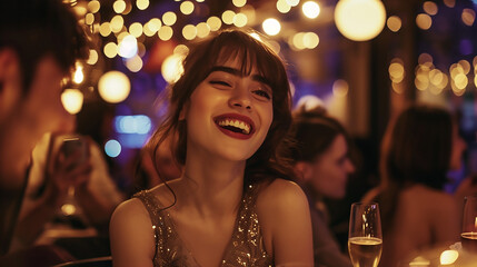 Fototapeta premium Beautiful woman in an elegant dress laughing at a table with friends during a night out, with a blurred background of party guests and lights. A happy young girl enjoying a celebration event or dinner