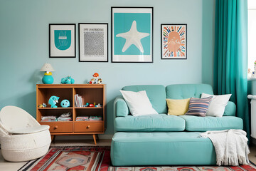 White cushions on aquamarine sofa next to cabinet and rug in kid's room with posters