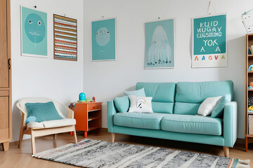 White cushions on aquamarine sofa next to cabinet and rug in kid's room with posters
