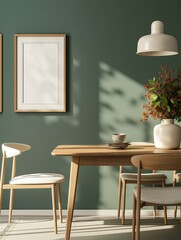 Frame mockup. Wooden dining table and chairs with dark green wall in the background. Modern dining room home interior, 3d render