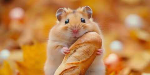 A cute hamster with a baguette